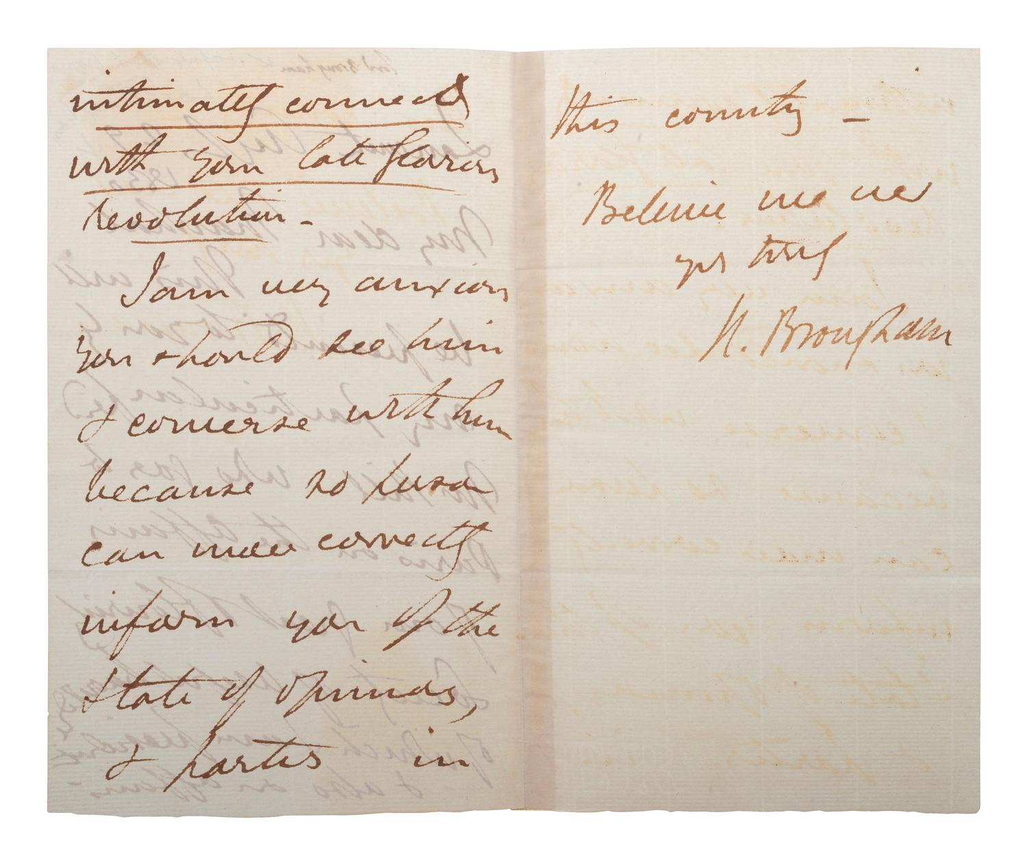 BROUGHAM, Henry P. (1778-1868). Autograph letter signed ("H. Brougham") with identification possibly in Marquis de Lafayette's hand. Lancaster, 29 August[?] 1830.
