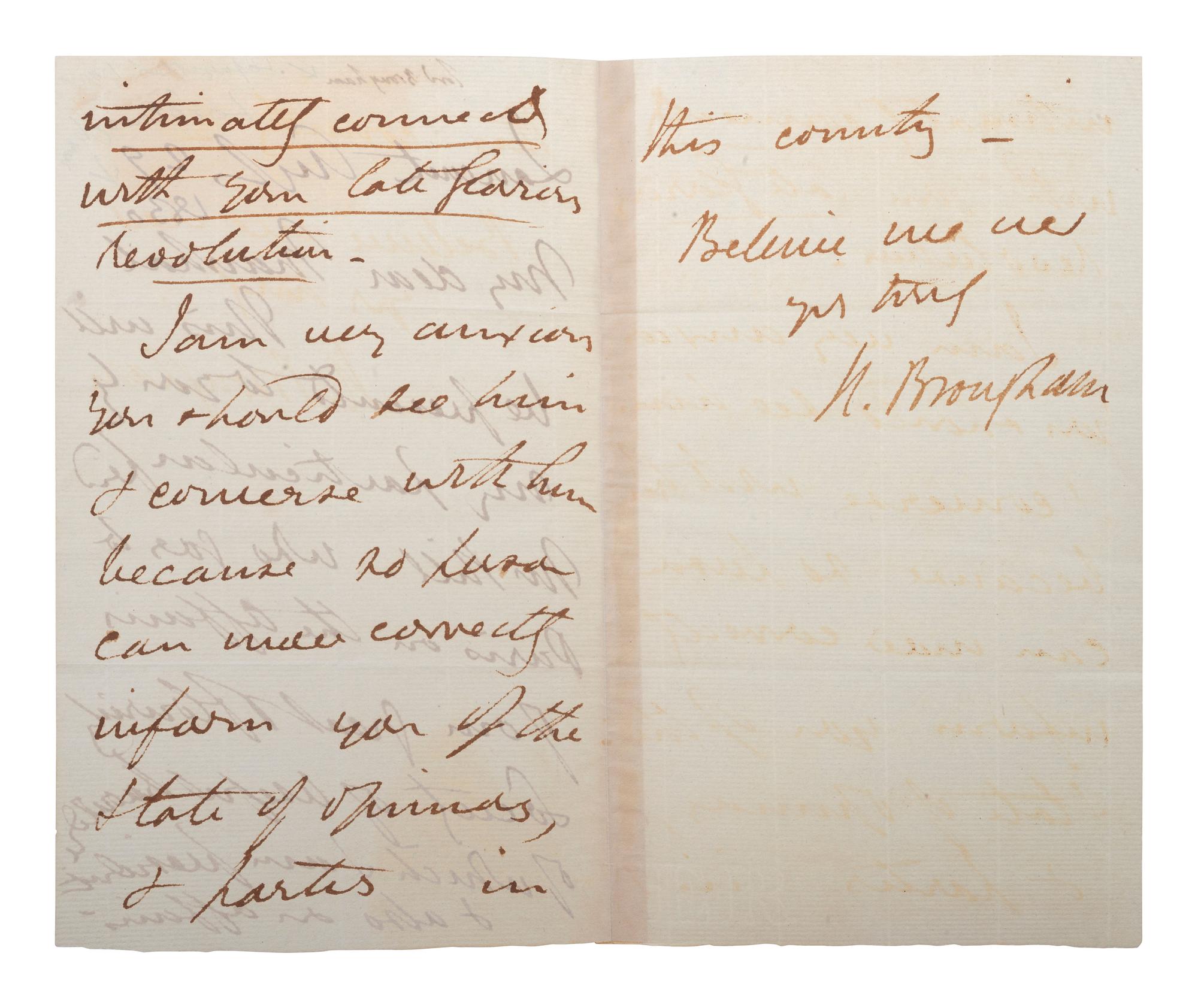 BROUGHAM, Henry P. (1778-1868). Autograph letter signed ("H. Brougham") with identification possibly in Marquis de Lafayette's hand. Lancaster, 29 August[?] 1830.