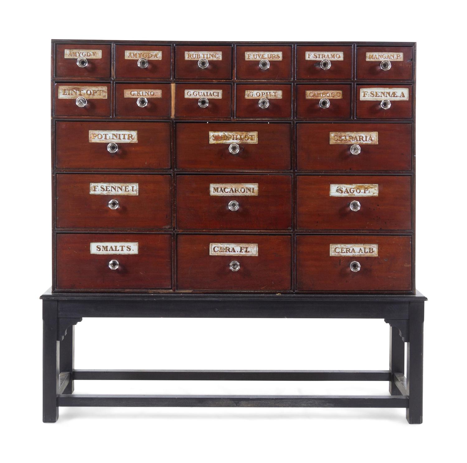 A Painted and Parcel Gilt Apothecary Chest on Stand