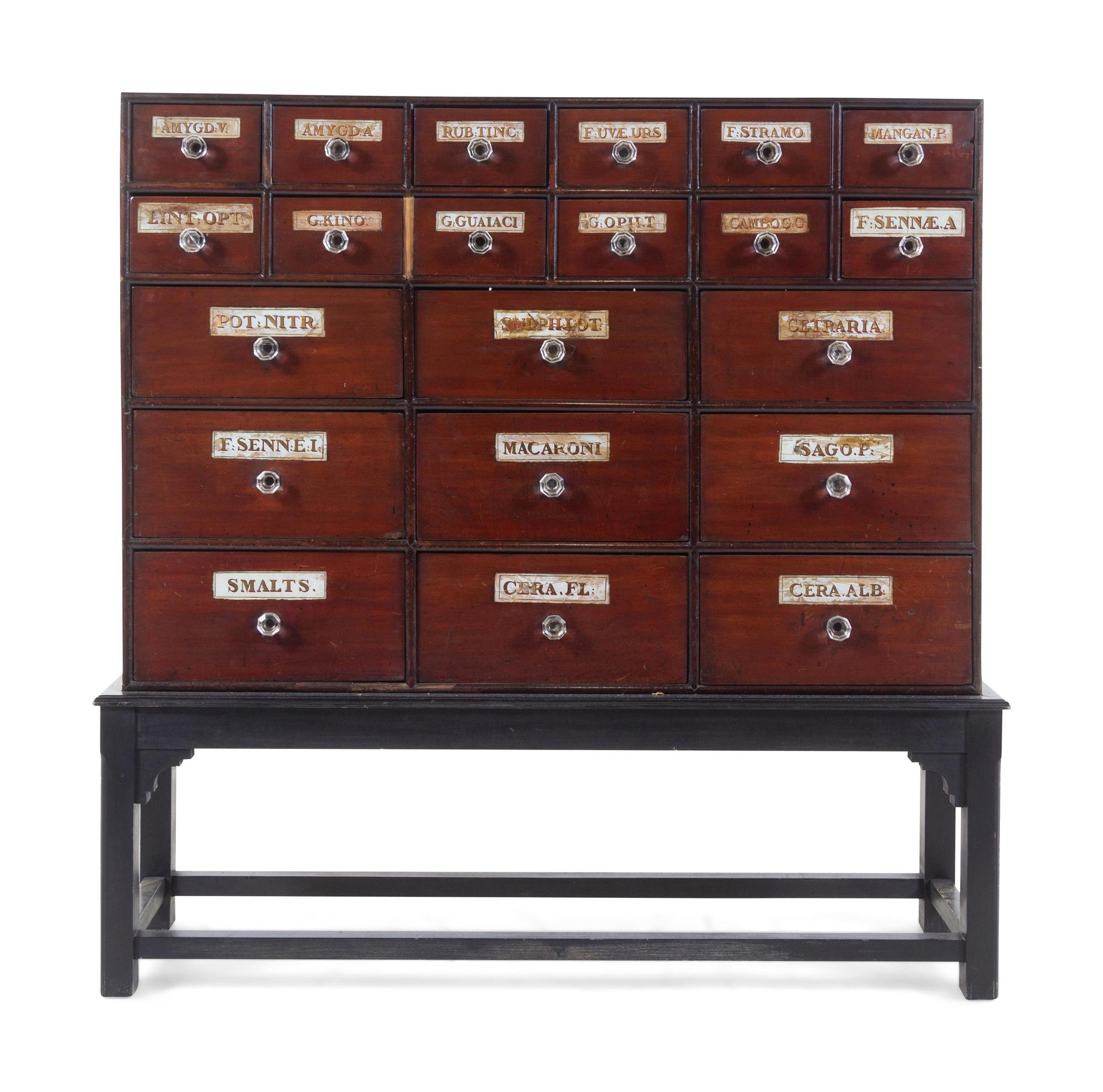 A Painted and Parcel Gilt Apothecary Chest on Stand