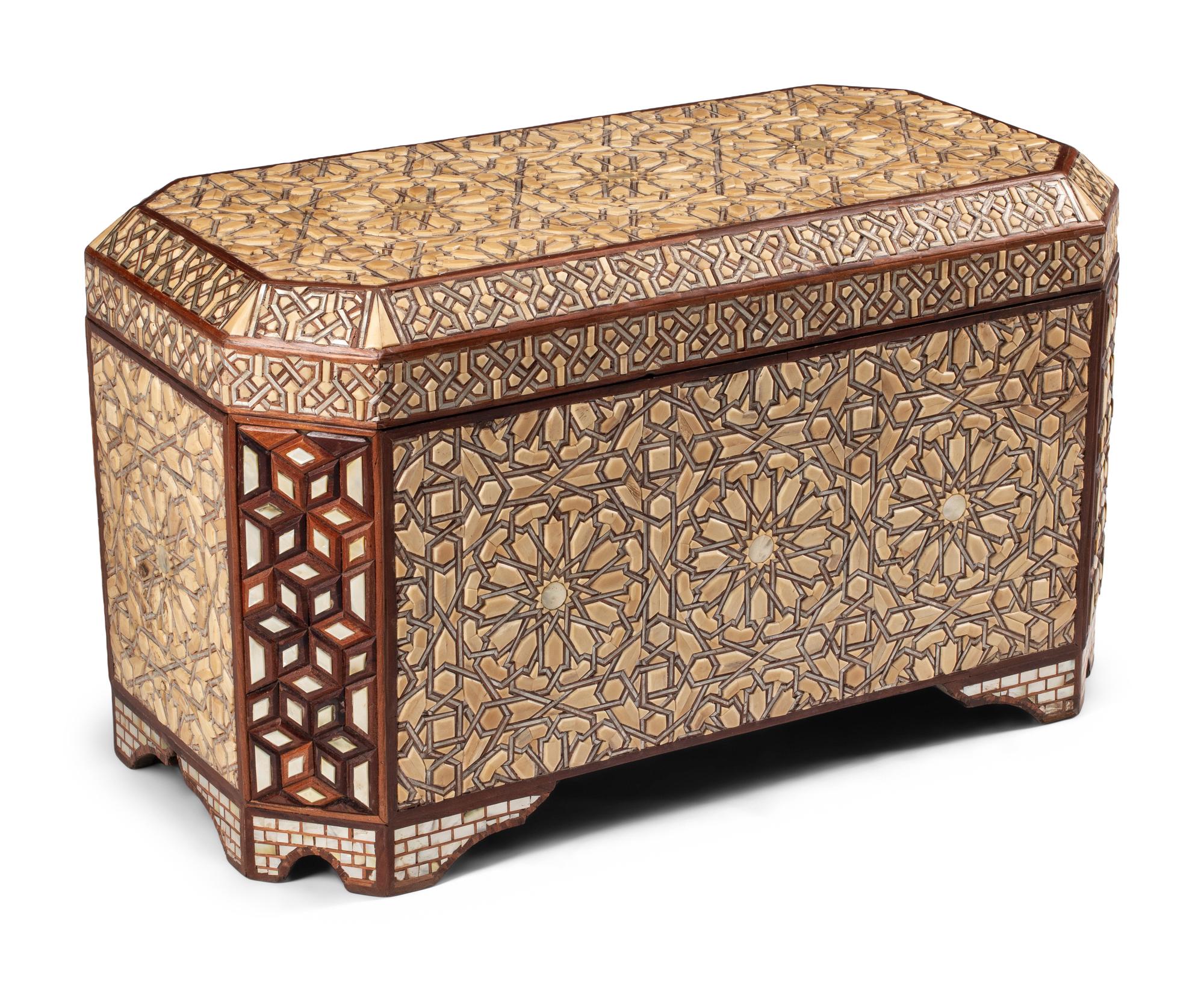 A Levantine Bone and Silvered Wood-Inlaid Lift-Top Chest
