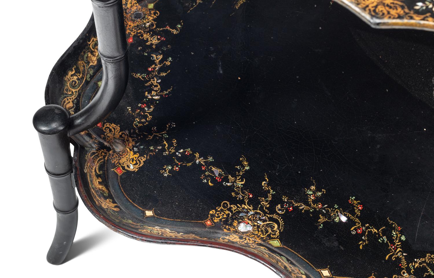 A Victorian Papier Mâché and Mother-of-Pearl Inlaid Two-Tier Tray Table