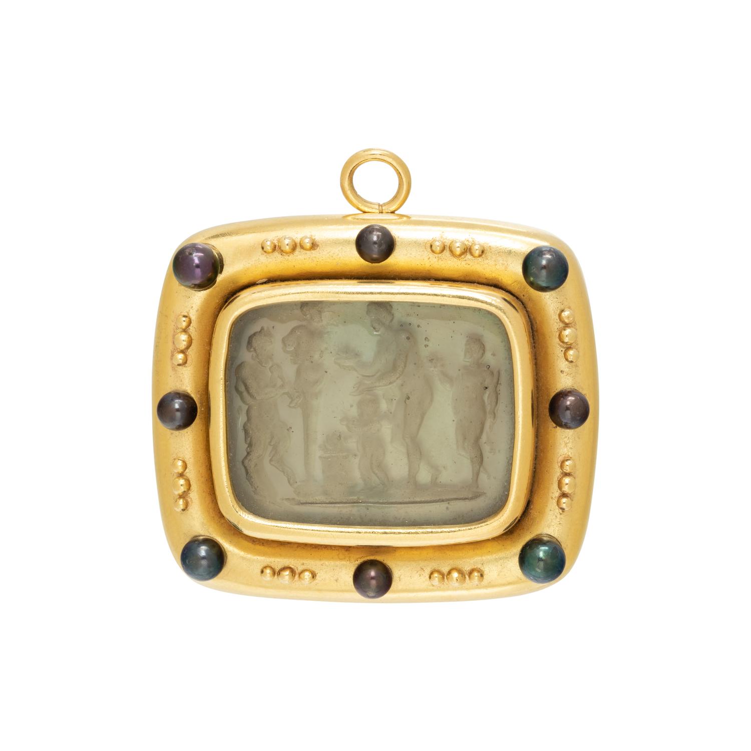 ELIZABETH LOCKE, YELLOW GOLD, INTAGLIO AND CULTURED PEARL PENDANT/BROOCH