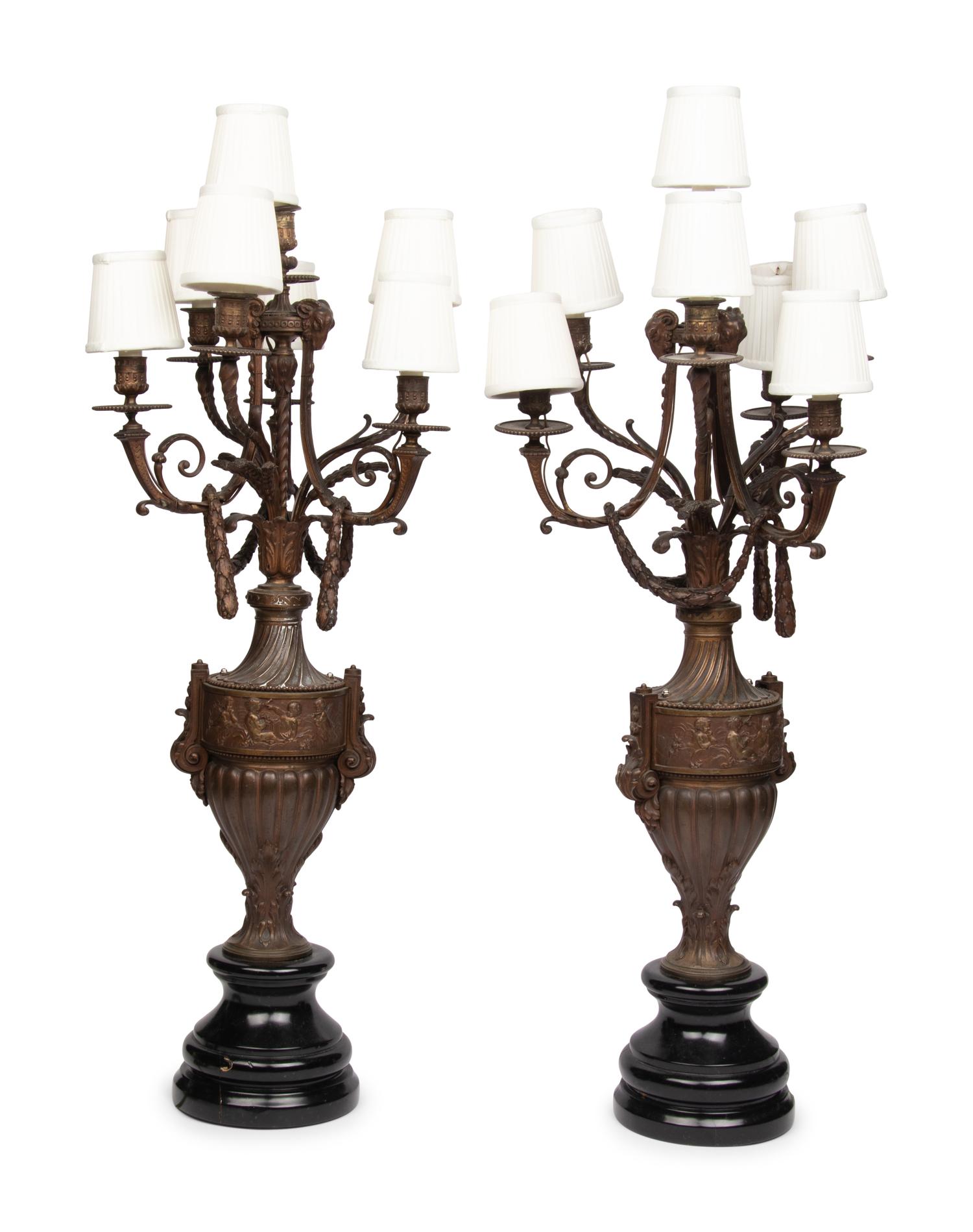A Pair of Continental Bronze Seven-Light Candelabra