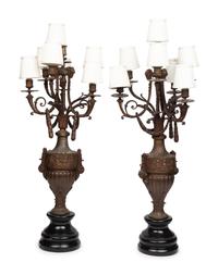 A Pair of Continental Bronze Seven-Light Candelabra