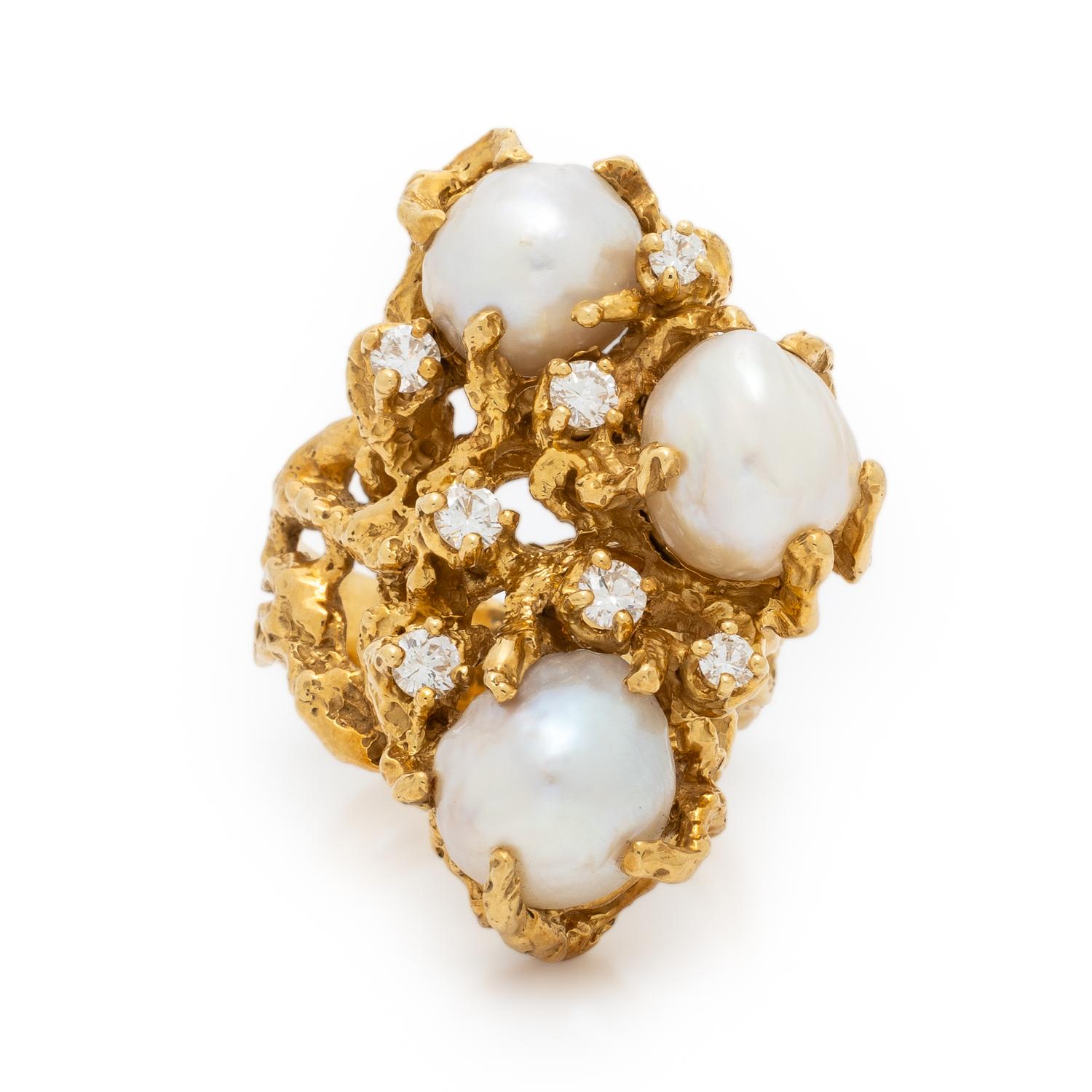 Arthur King, Cultured Biwa Pearl, Diamond, and Yellow Gold Ring