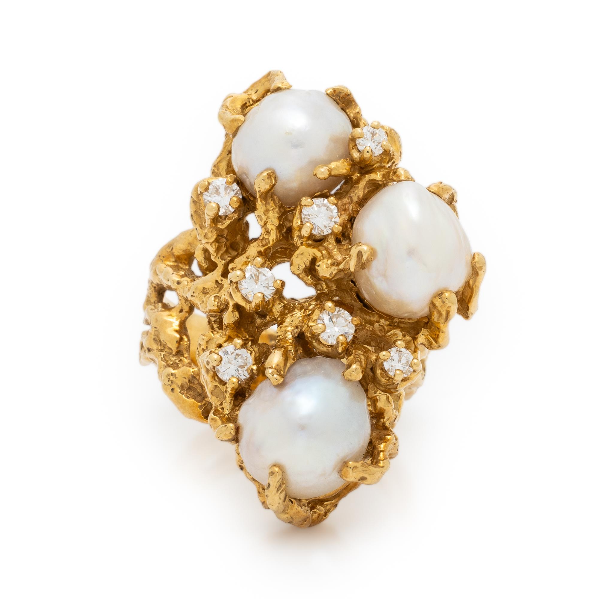 Arthur King, Cultured Biwa Pearl, Diamond, and Yellow Gold Ring