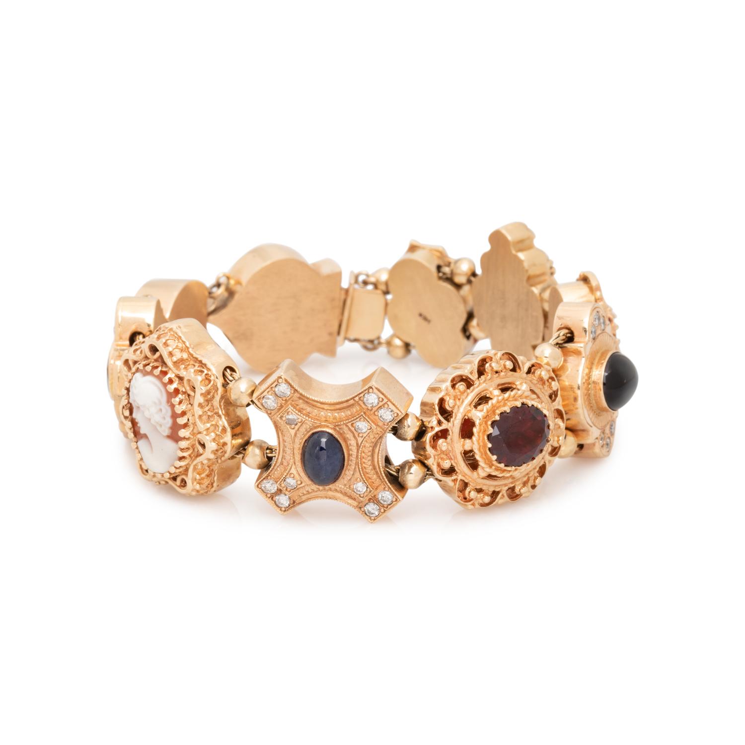 YELLOW GOLD, GEMSTONE AND DIAMOND SLIDE CHARM BRACELET