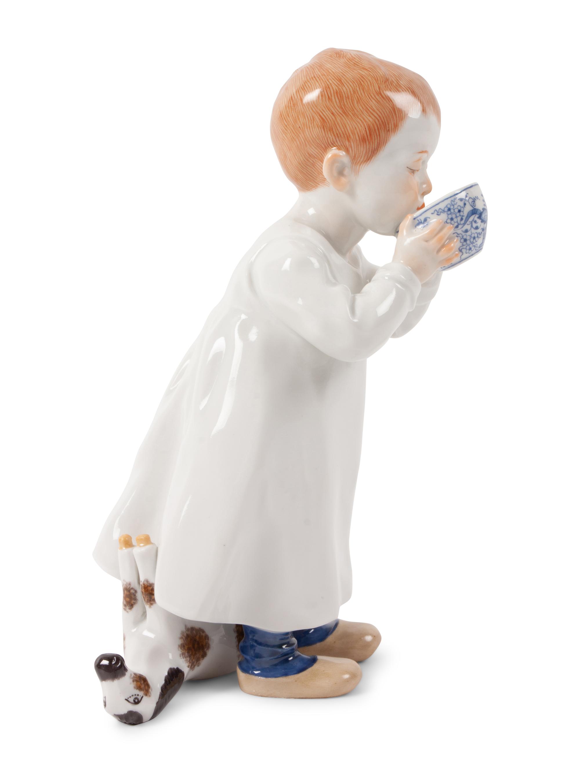 A Meissen Porcelain Figure of a Boy Drinking From Cup, by Konrad Hentschel