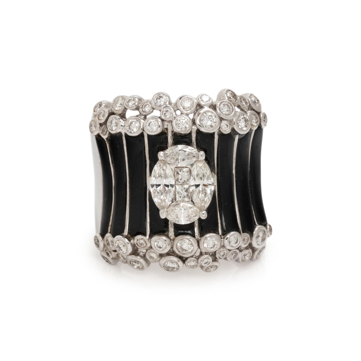 WHITE GOLD, DIAMOND AND BLACK ENAMEL RING