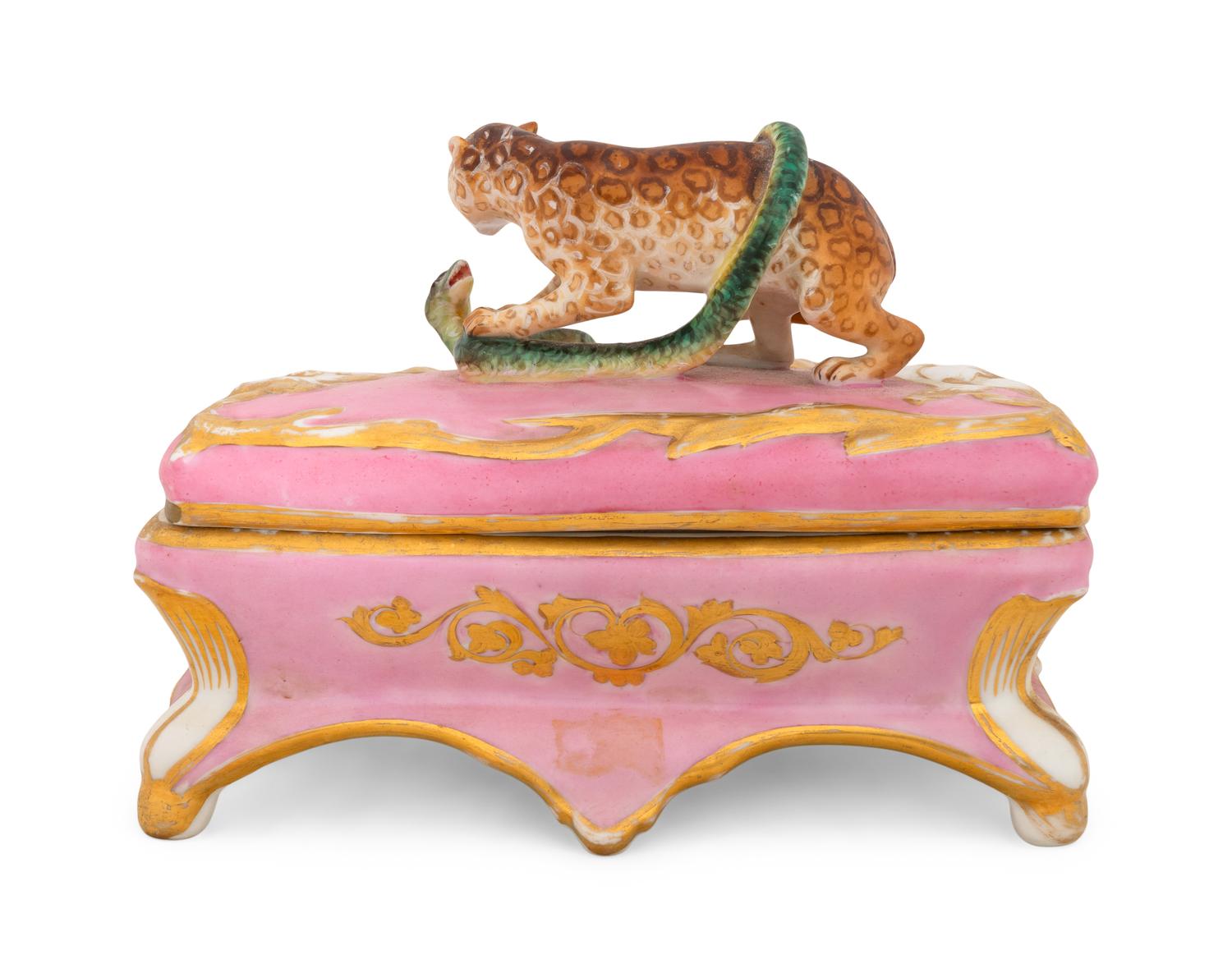 A Continental Porcelain Painted and Parcel Gilt Trinket Box
