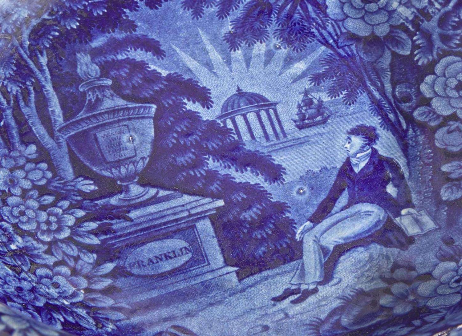 A group of thirteen "Lafayette at the Tomb of Franklin" Staffordshire Historical Blue tablewares; England, first third 19th century