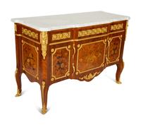 A Pair of Louis XV/XVI Transitional Style Gilt Bronze Mounted Marquetry Marble-Top Commodes