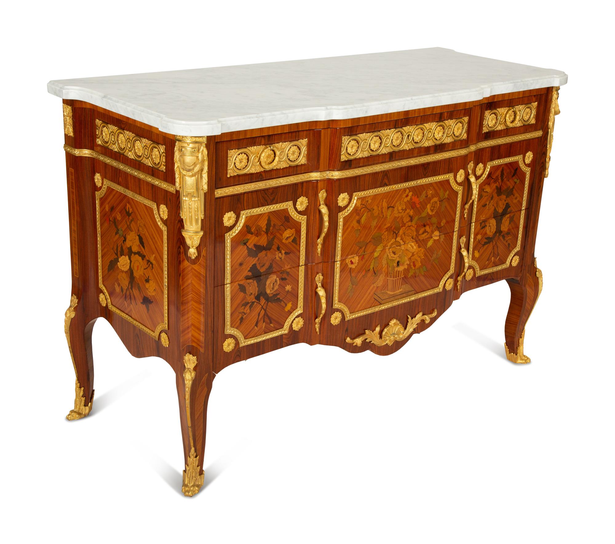 A Pair of Louis XV/XVI Transitional Style Gilt Bronze Mounted Marquetry Marble-Top Commodes