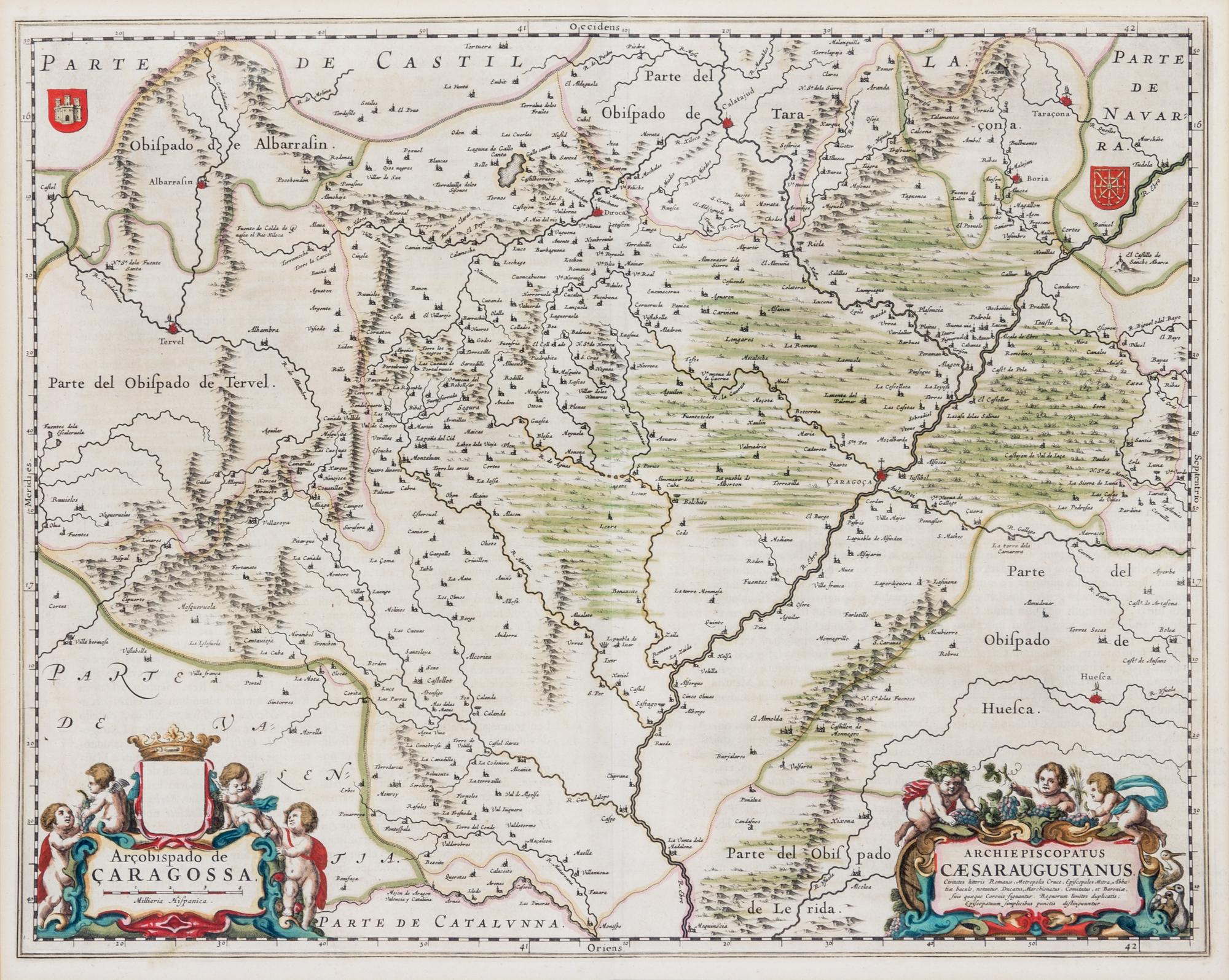 (MAP) [BLAEU, JOAN] ArÇobispado de Caragossa. [Amsterdam]: [1664].