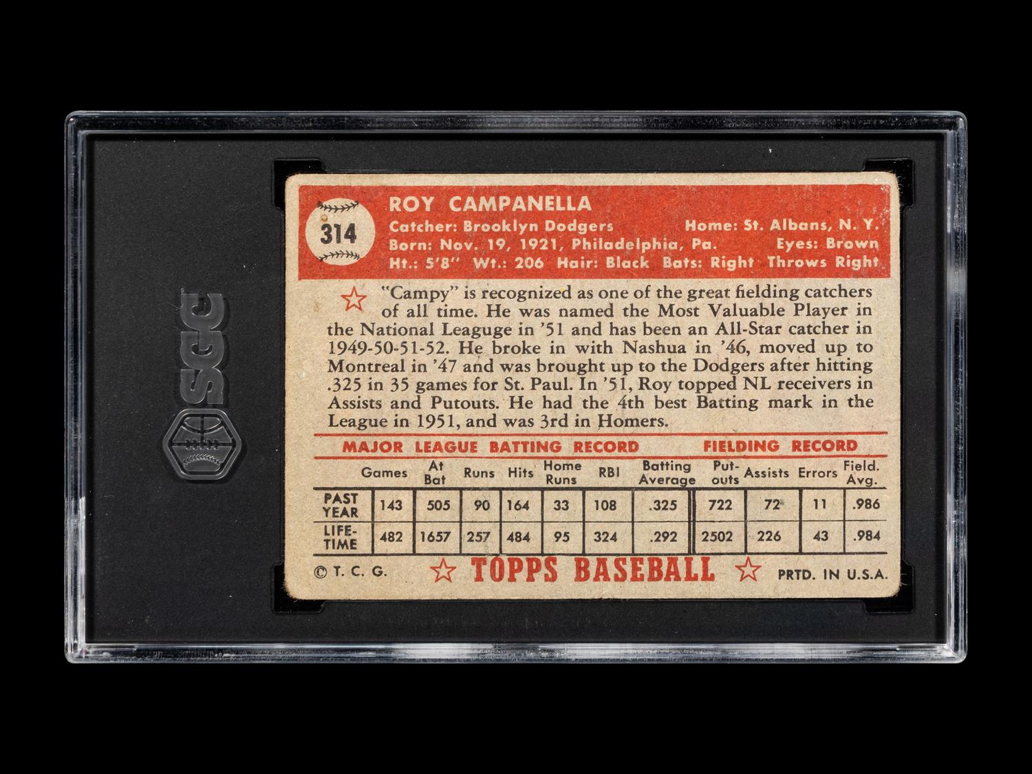 A 1952 Topps Roy Campanella Baseball Card No. 314 (SGC 1)
