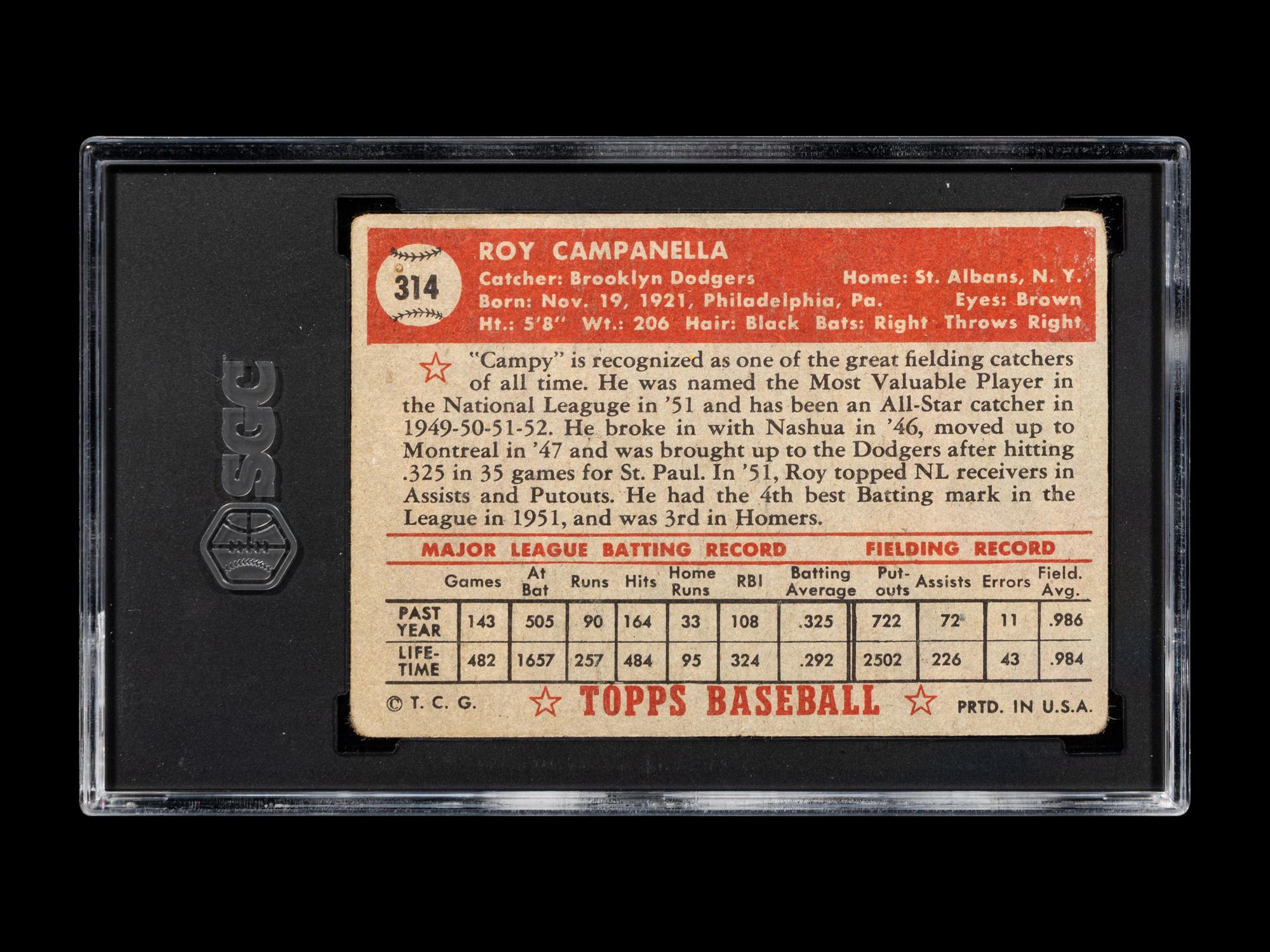 A 1952 Topps Roy Campanella Baseball Card No. 314 (SGC 1)