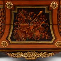 A Louis XVI Style Gilt Bronze Mounted Marquetry Marble-Top Commode