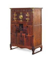 A Korean Brass and Iron Mounted Burlwood Marriage Chest