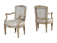 A Pair of Italian Neoclassical Painted and Parcel-Gilt Armchairs