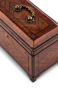 A George III Tulipwood, Ebony and Fruitwood Parquetry Tea Caddy