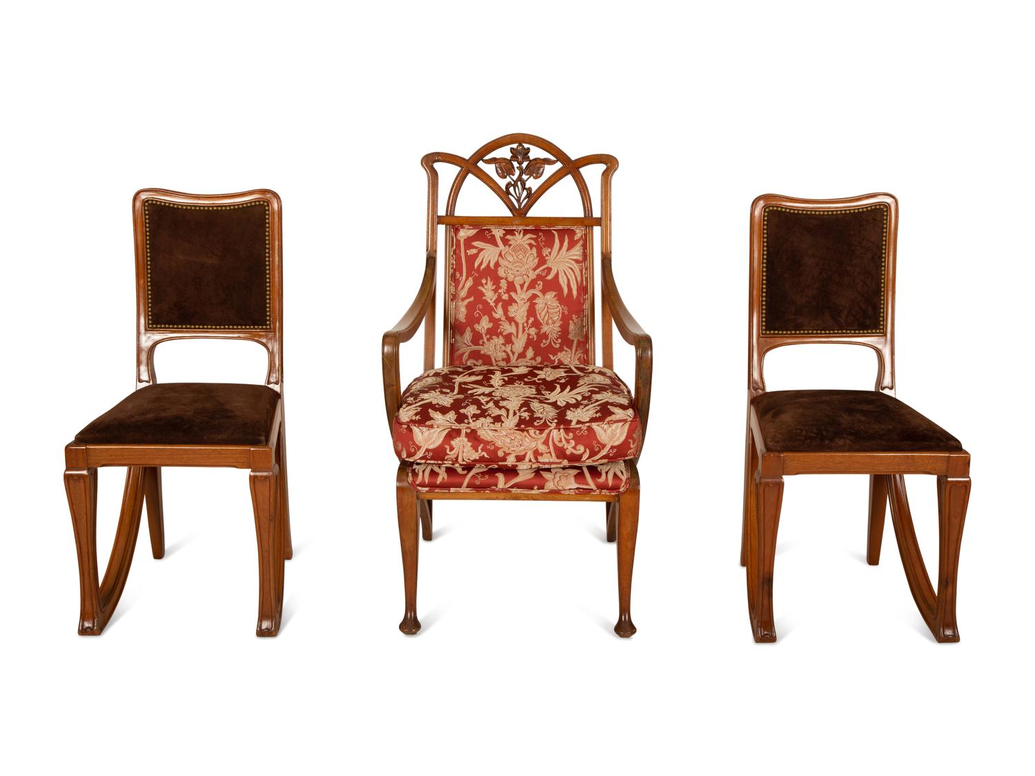 Three Art Nouveau Style Carved Mahogany Chairs in the Manner of Marjorelle — Early 20th Century
