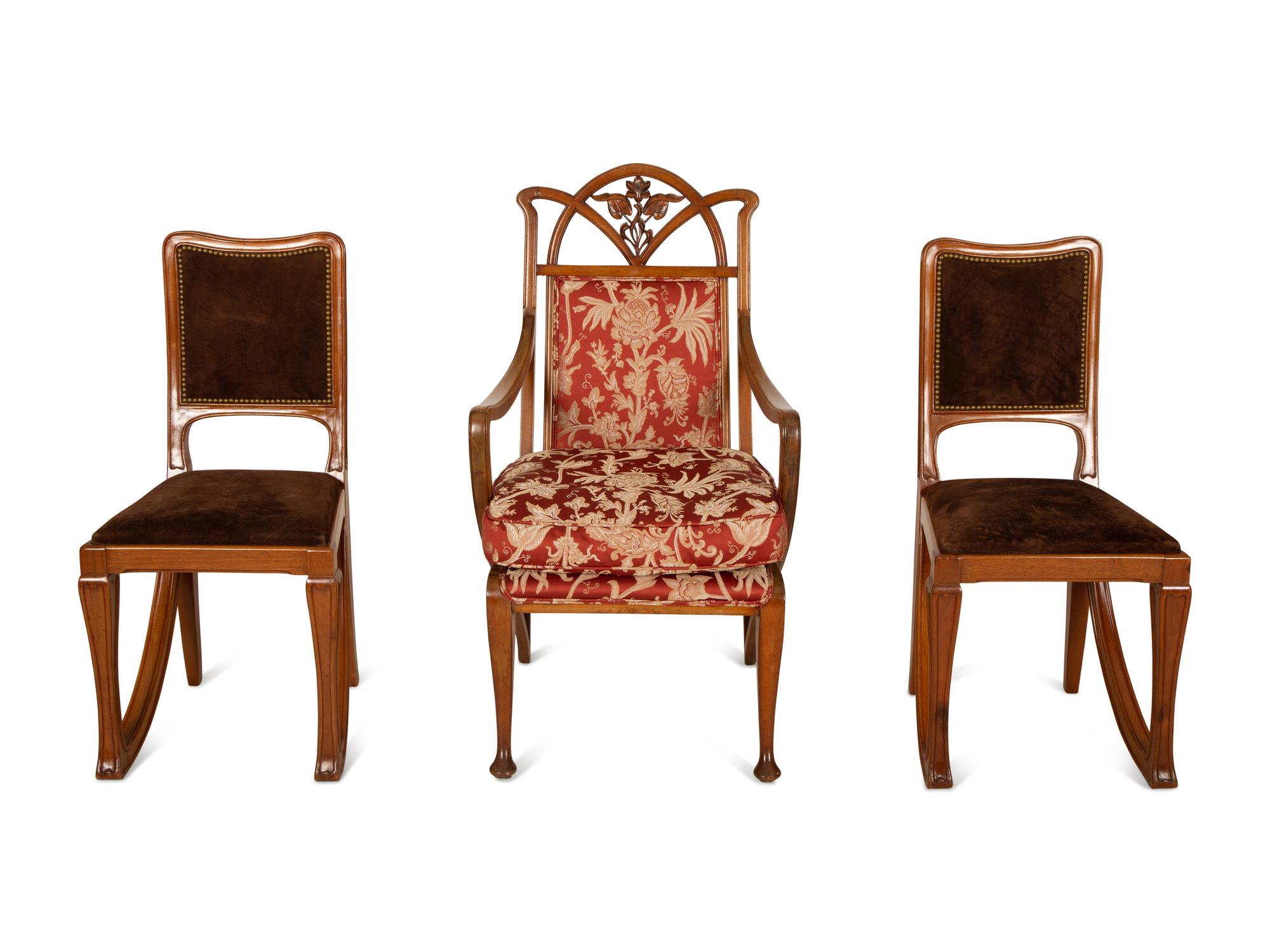 Three Art Nouveau Style Carved Mahogany Chairs in the Manner of Marjorelle — Early 20th Century