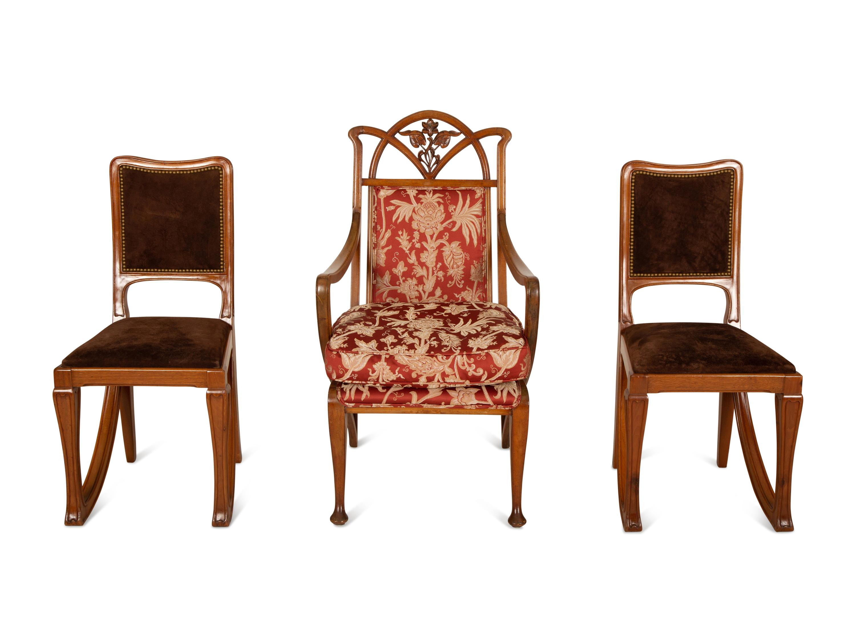 Three Art Nouveau Style Carved Mahogany Chairs in the Manner of Marjorelle — Early 20th Century