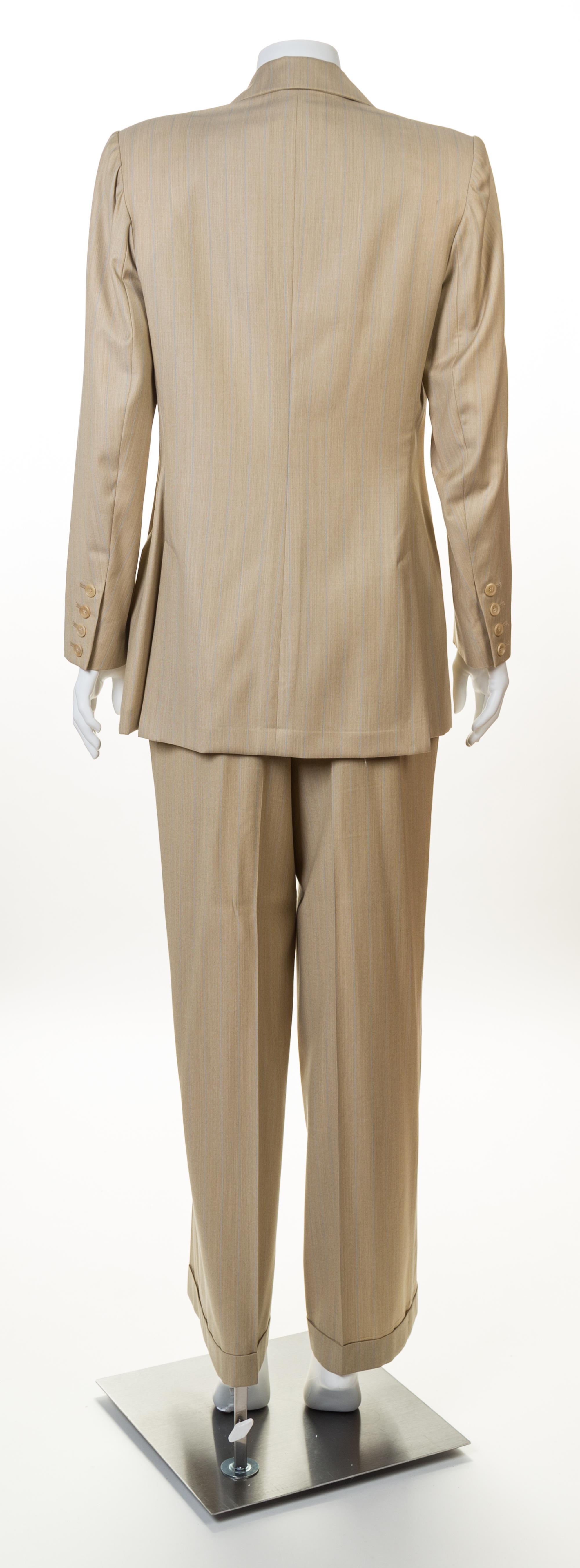 A Givenchy Tan Wool Pinstripe Pant Suit, Size 40.
