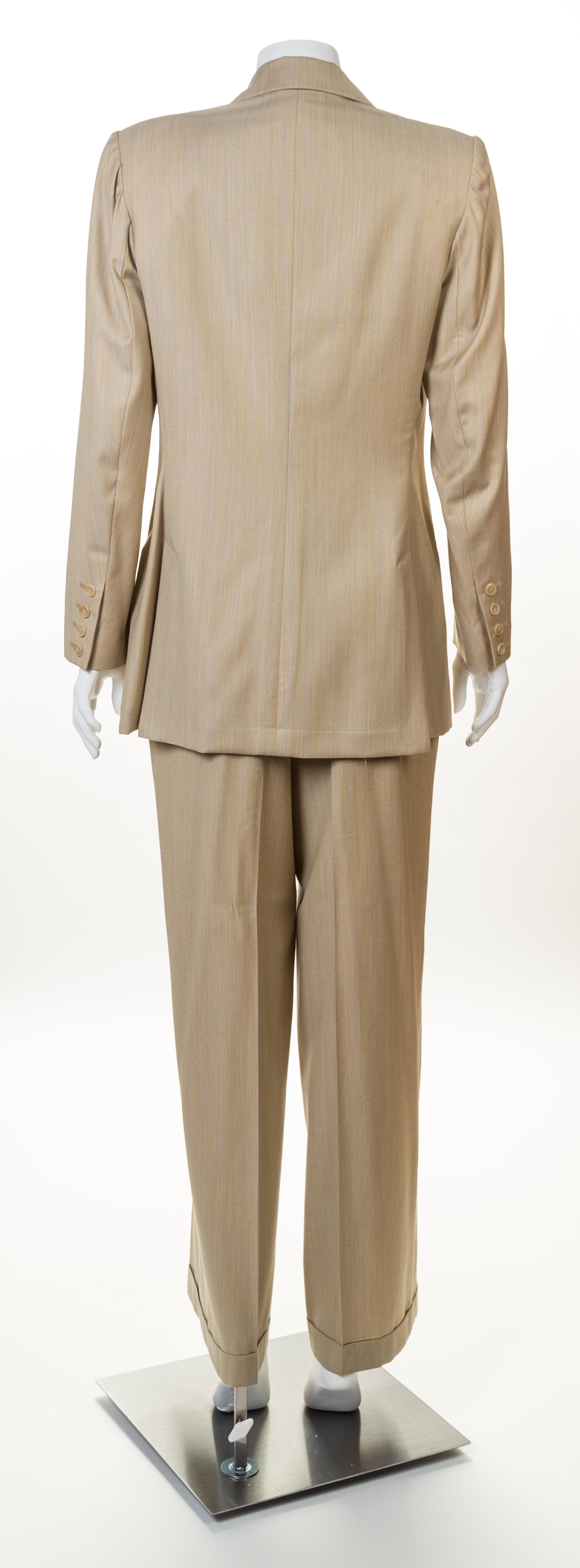 A Givenchy Tan Wool Pinstripe Pant Suit, Size 40.
