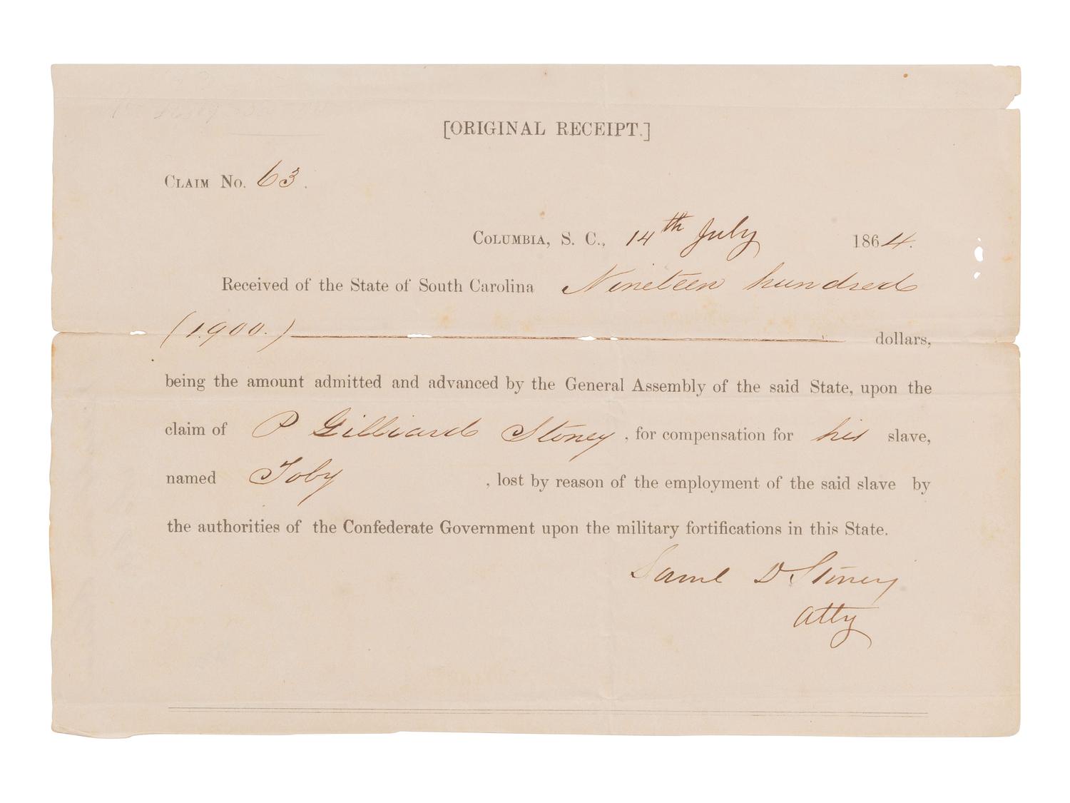 [ENSLAVEMENT]. Compensation claim for an enslaved man taken to work on fortifications by the CSA government. 1864.