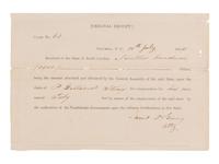 [ENSLAVEMENT]. Compensation claim for an enslaved man taken to work on fortifications by the CSA government. 1864.