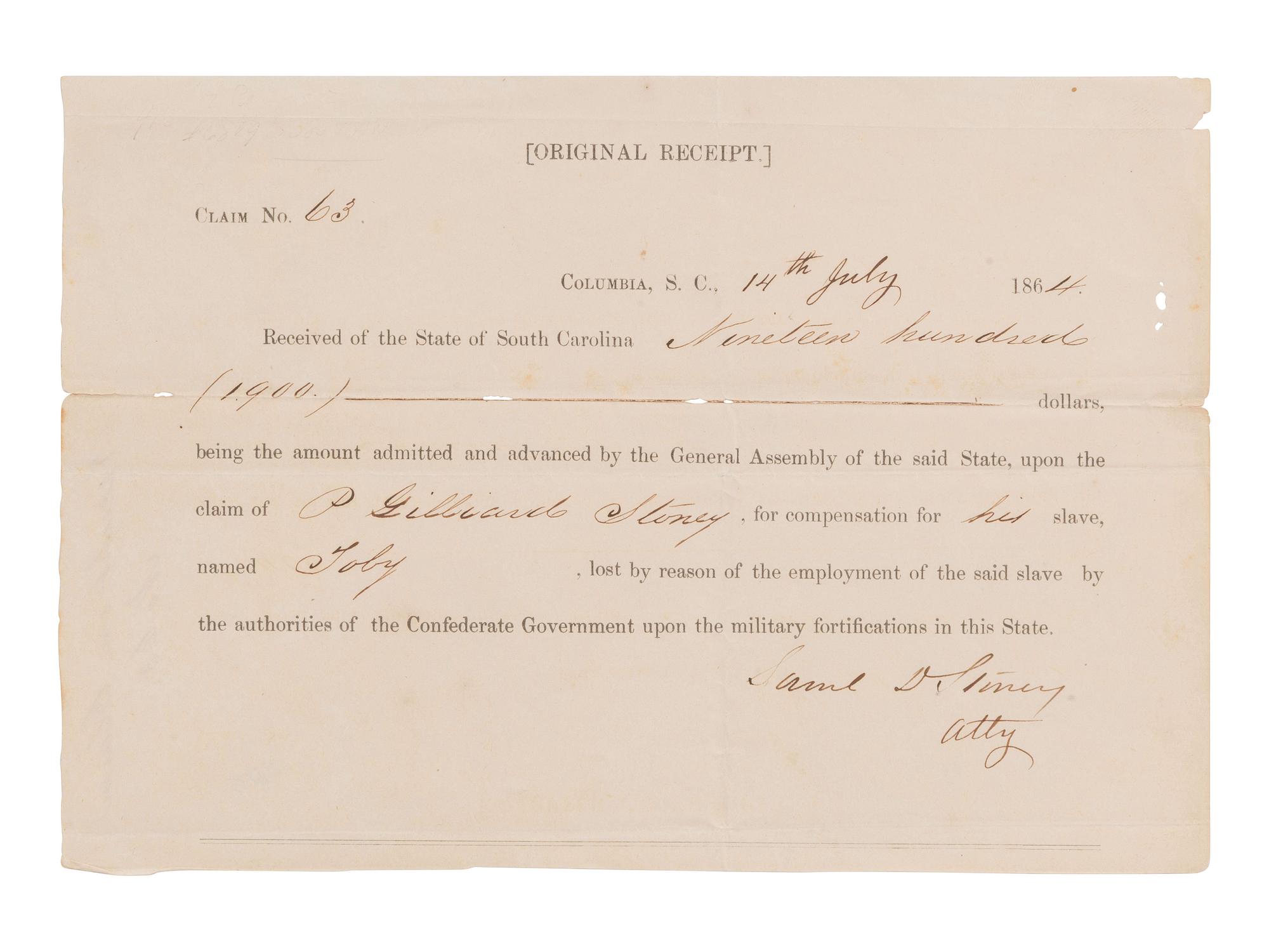 [ENSLAVEMENT]. Compensation claim for an enslaved man taken to work on fortifications by the CSA government. 1864.