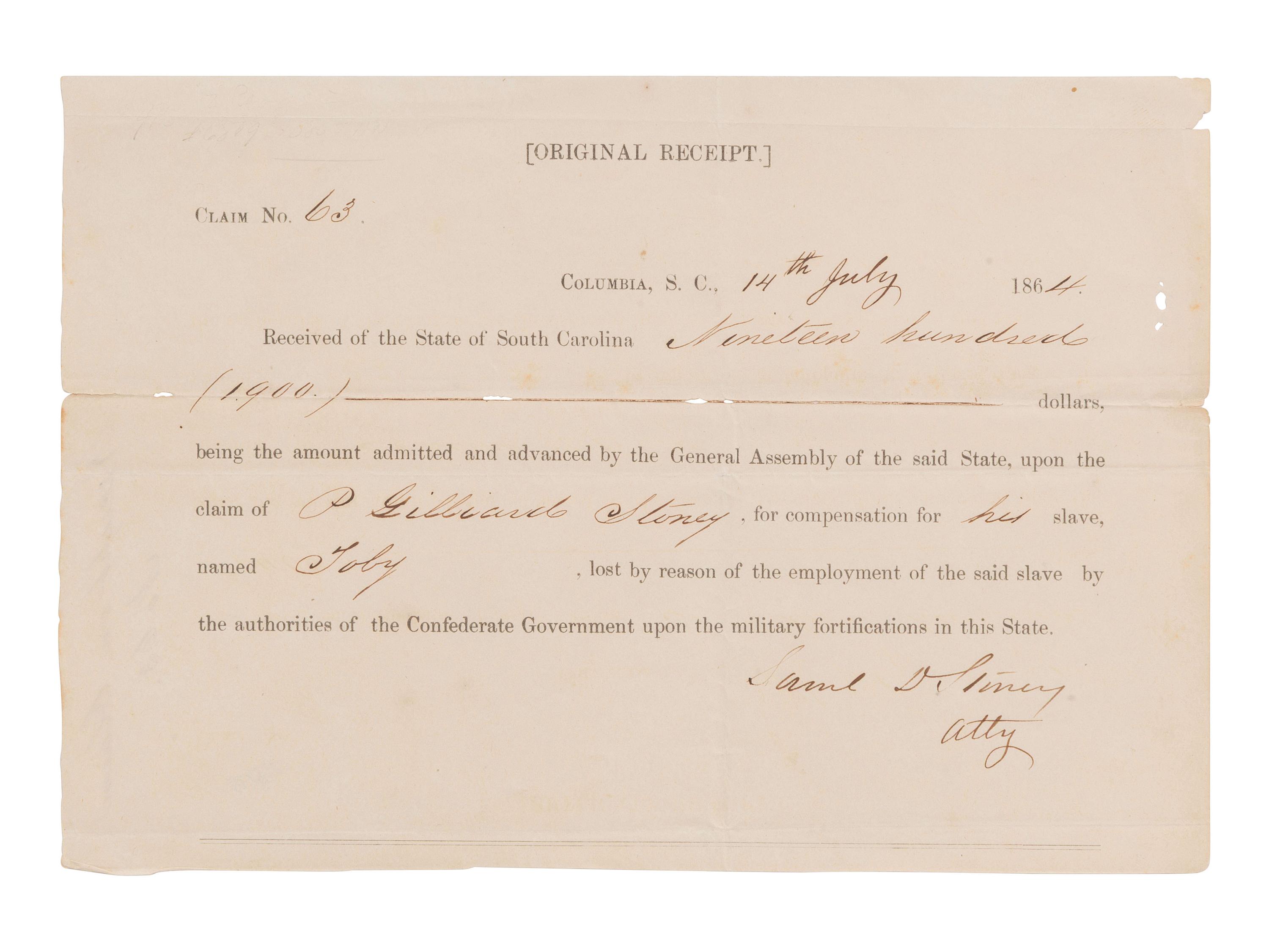 [ENSLAVEMENT]. Compensation claim for an enslaved man taken to work on fortifications by the CSA government. 1864.