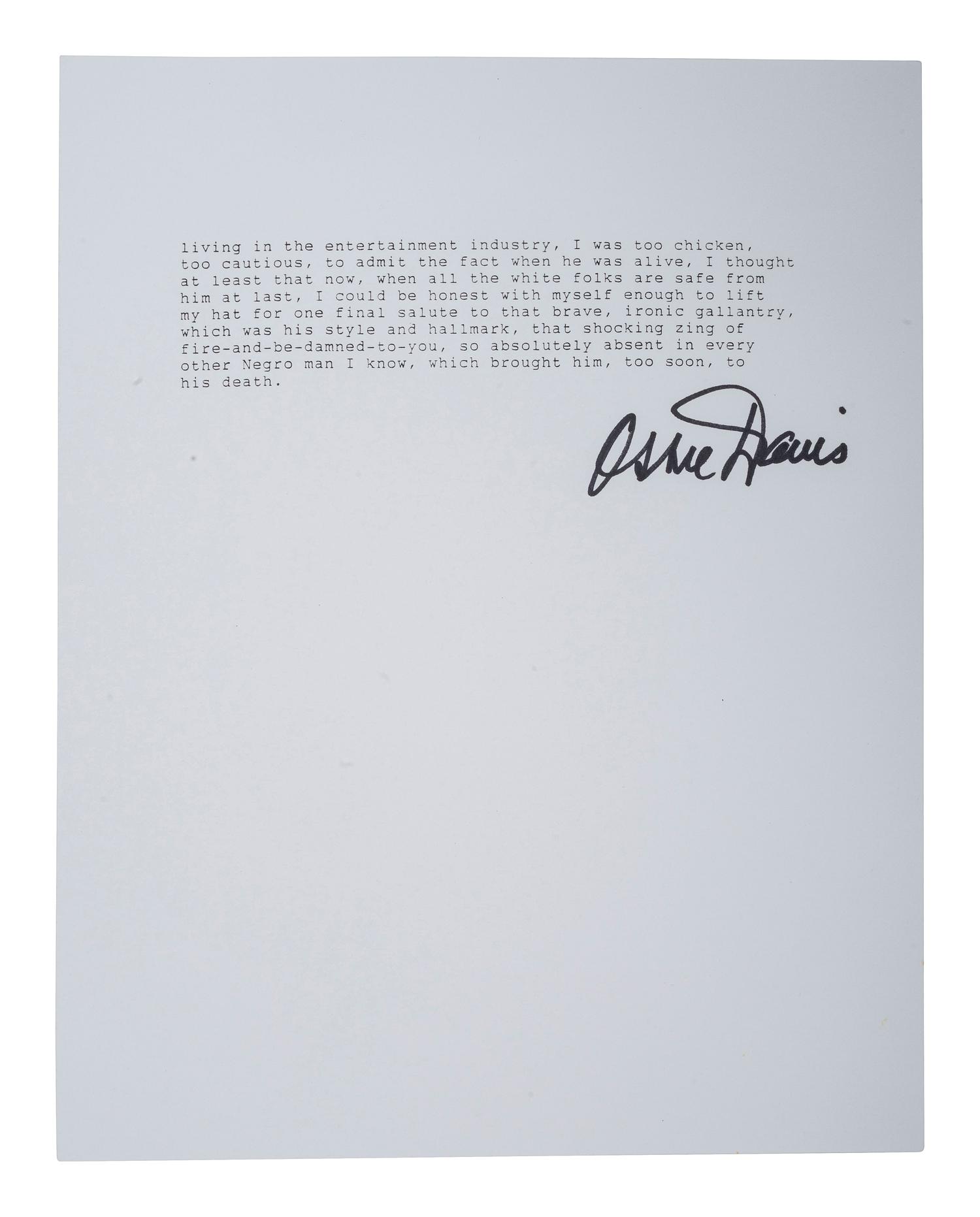 [CIVIL RIGHTS]. DAVIS, Ossie (1917-2005). Typed document signed in ink ("Ossie Davis"), in response to a magazine editor's question asking why he eulogized Malcolm X.