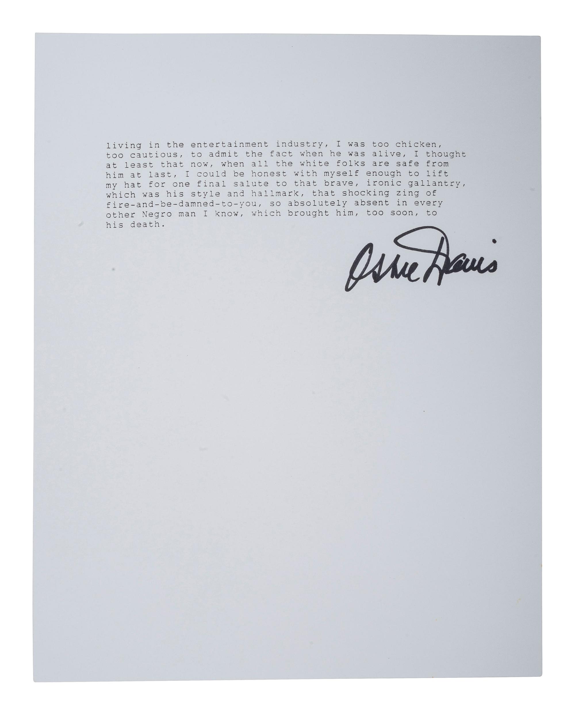 [CIVIL RIGHTS]. DAVIS, Ossie (1917-2005). Typed document signed in ink ("Ossie Davis"), in response to a magazine editor's question asking why he eulogized Malcolm X.