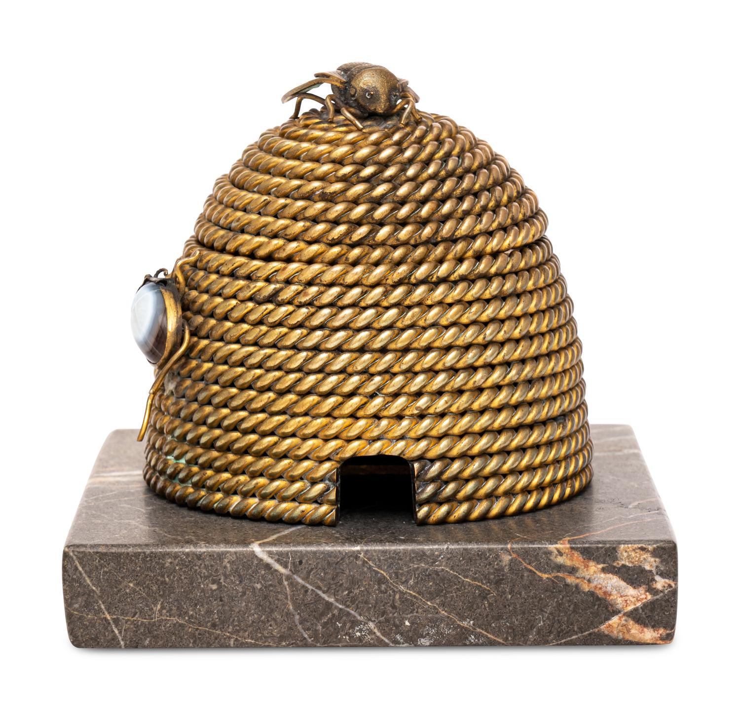 A Gilt Bronze and Hardstone Beehive Inkwell