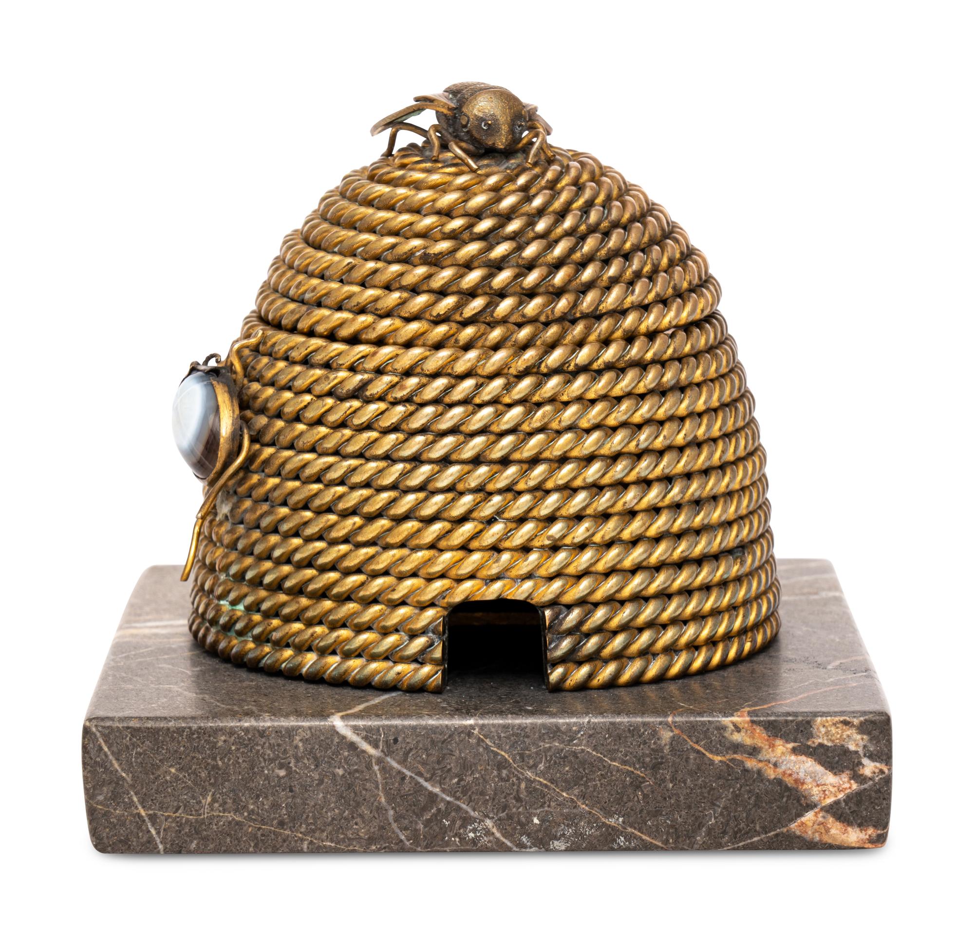 A Gilt Bronze and Hardstone Beehive Inkwell