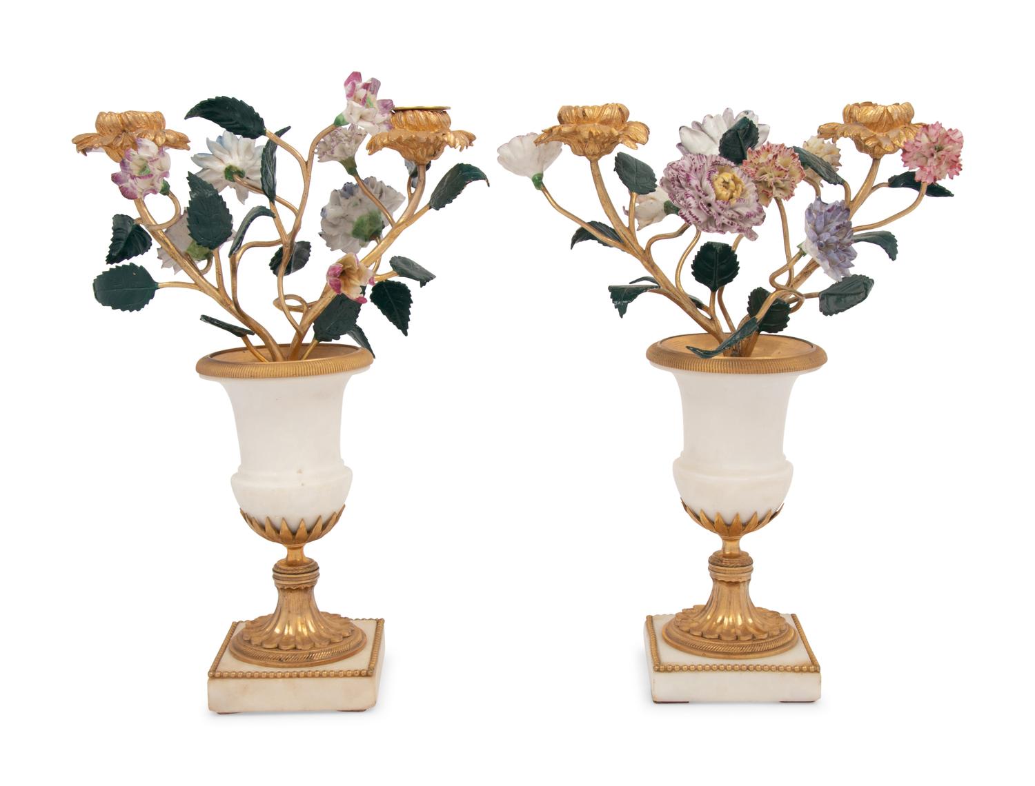 A Pair of French Gilt Bronze, Marble and Porcelain Two-Light Candelabra