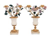 A Pair of French Gilt Bronze, Marble and Porcelain Two-Light Candelabra