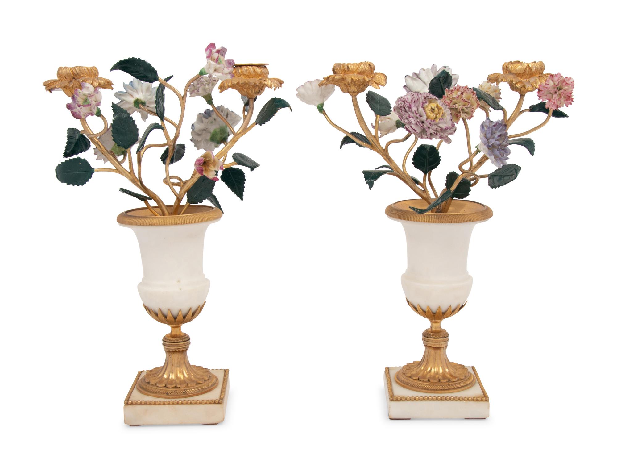 A Pair of French Gilt Bronze, Marble and Porcelain Two-Light Candelabra
