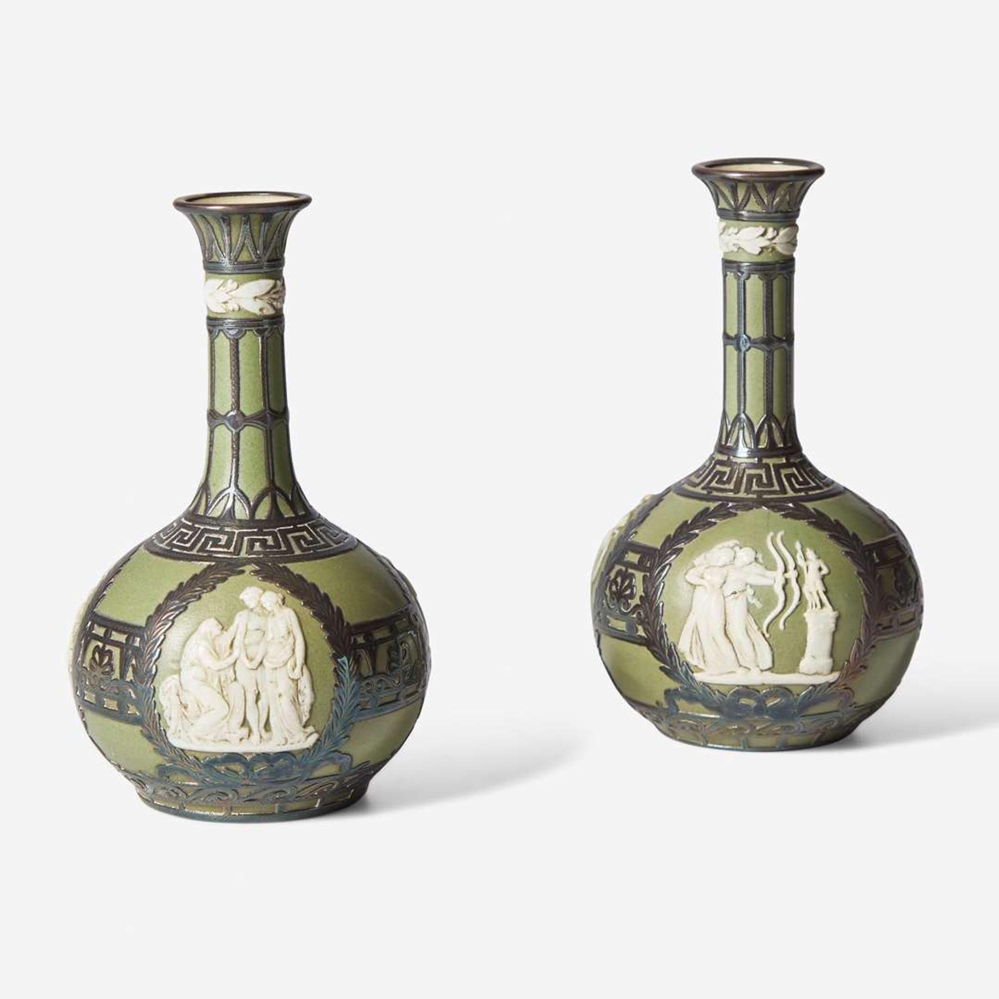A Pair of Wedgwood Silver Overlay Jasperware Vases UK, circa 1900