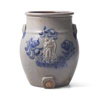 A Cobalt-Decorated and Molded Stoneware 3-Gallon Water Cooler