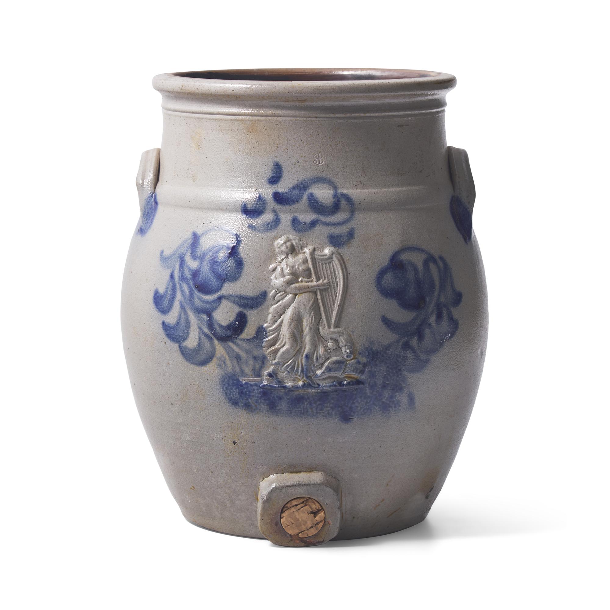 A Cobalt-Decorated and Molded Stoneware 3-Gallon Water Cooler