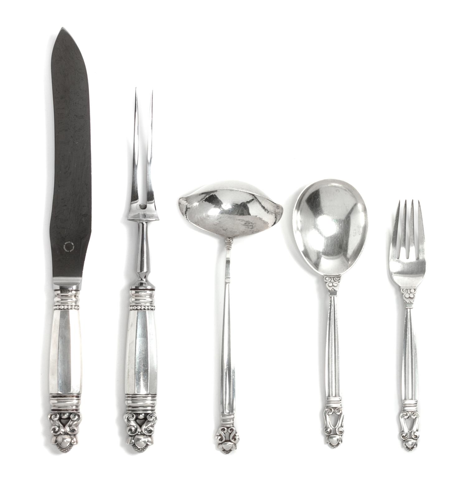A Collection of Danish Silver Articles, Georg Jensen, Copenhagen, 20th century, Acorn pattern, comprising: a carving set serving spoon