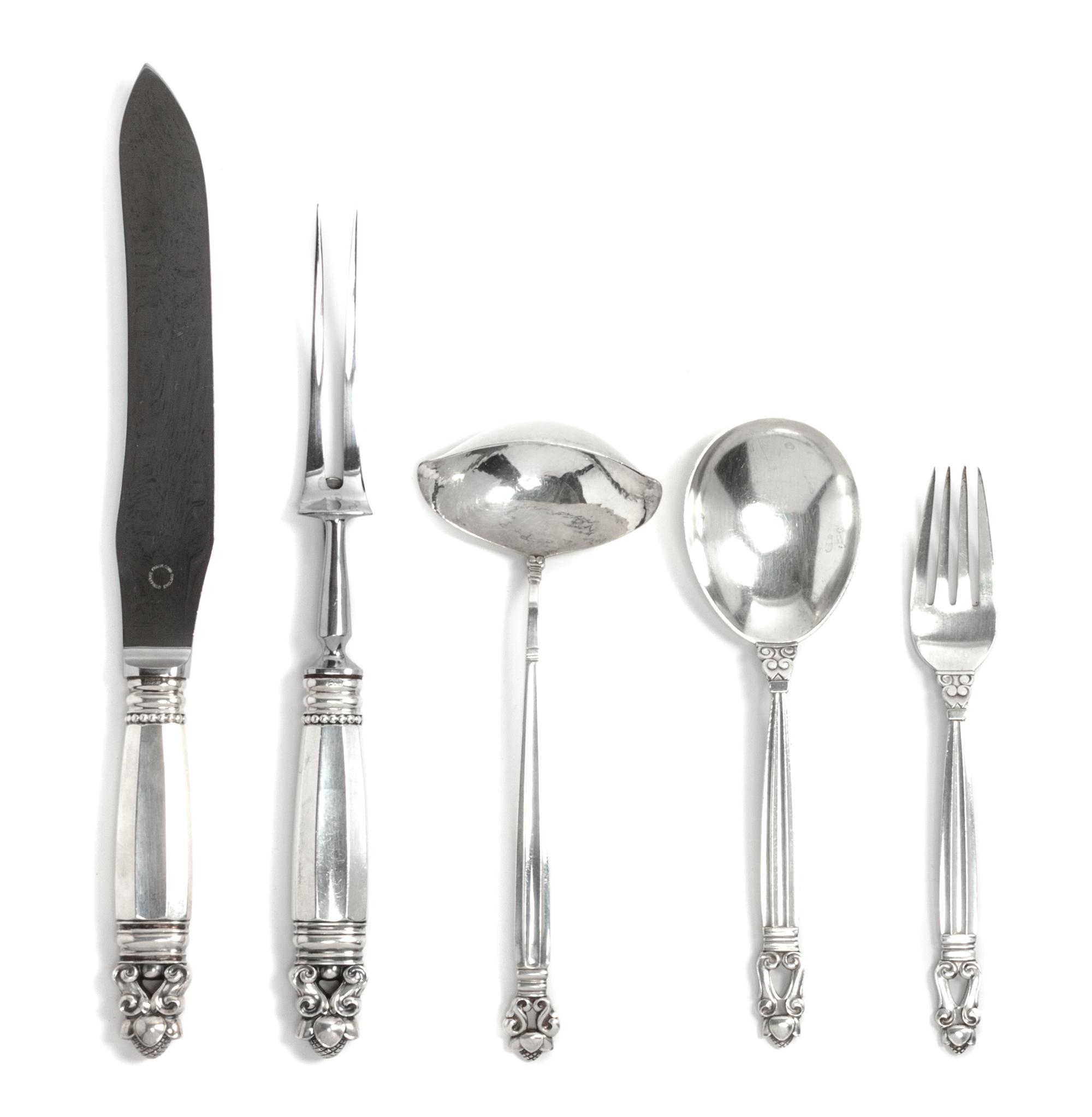 A Collection of Danish Silver Articles, Georg Jensen, Copenhagen, 20th century, Acorn pattern, comprising: a carving set serving spoon
