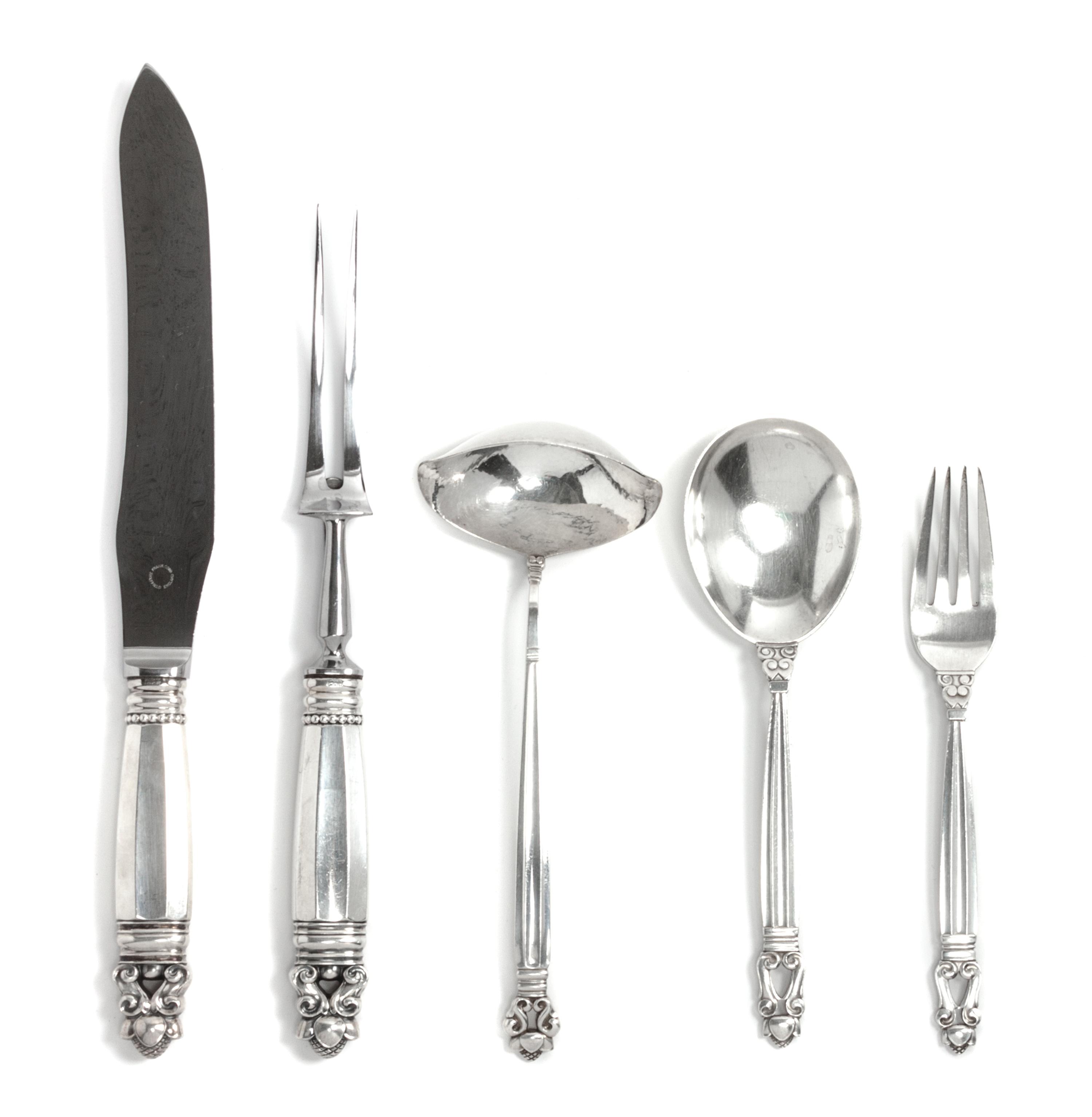 A Collection of Danish Silver Articles, Georg Jensen, Copenhagen, 20th century, Acorn pattern, comprising: a carving set serving spoon