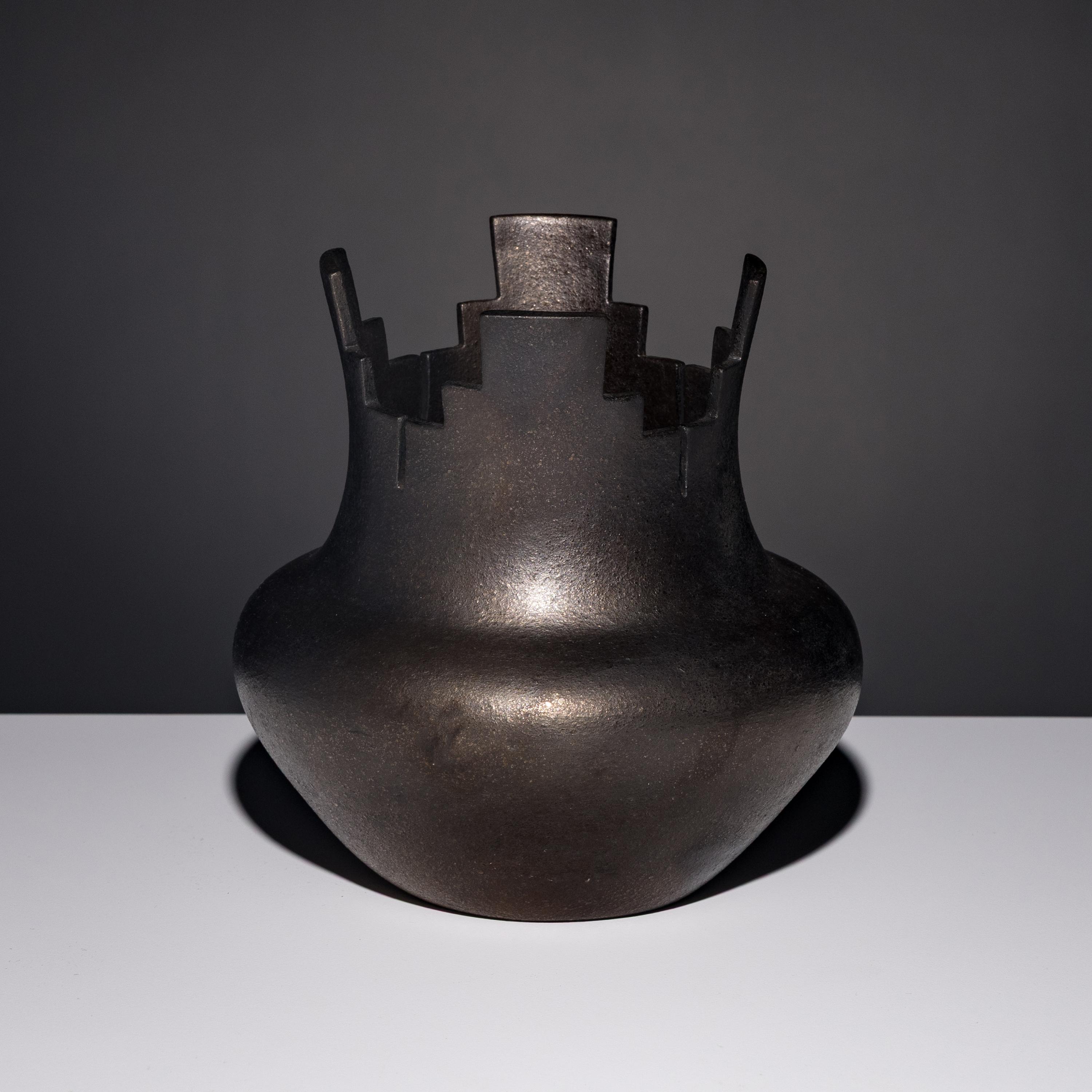 Angie Yazzie (Taos, b. 1965) — Micaceous Blackware Pottery Jar, with Terraced Rim