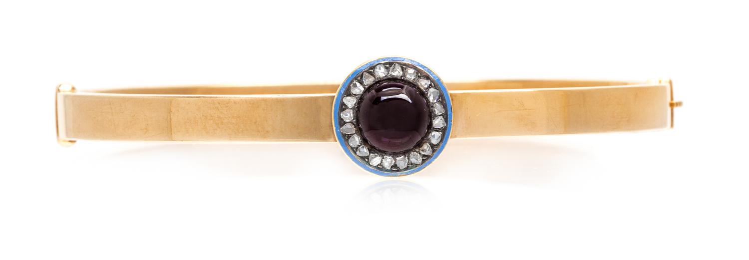 A Victorian 15 Karat Rose Gold, Garnet, Diamond and Enamel Bangle Bracelet, 14.10 dwts.