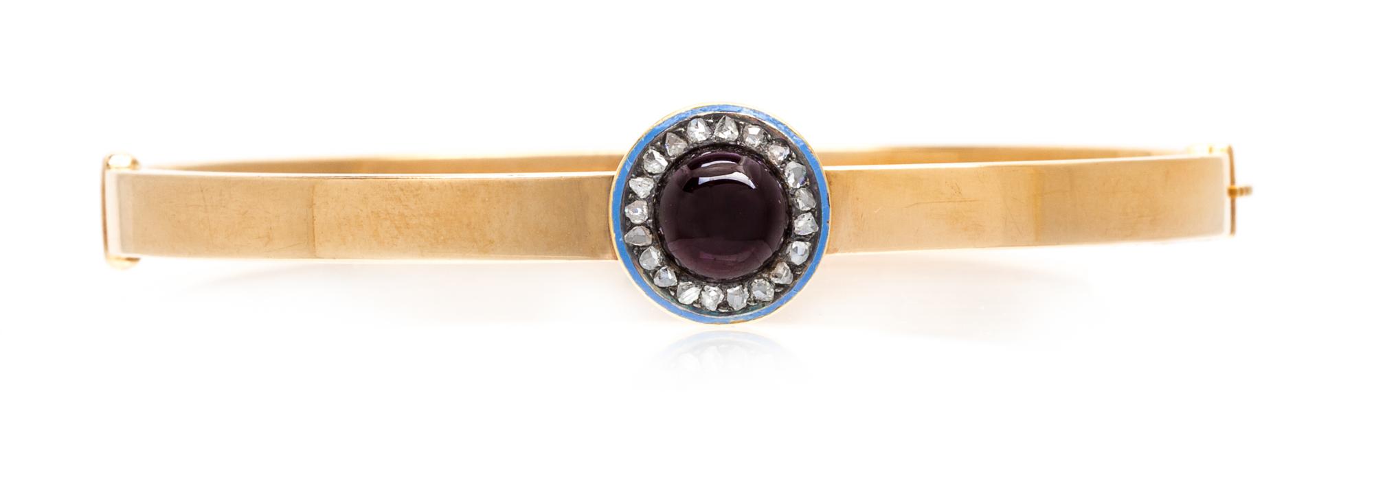 A Victorian 15 Karat Rose Gold, Garnet, Diamond and Enamel Bangle Bracelet, 14.10 dwts.